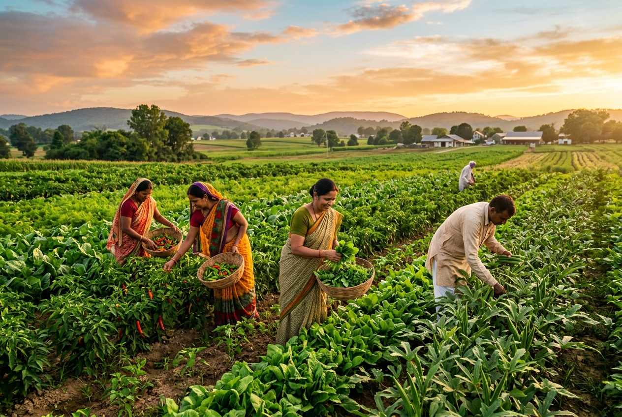 Indian farmers harvesting fresh produce at golden hour